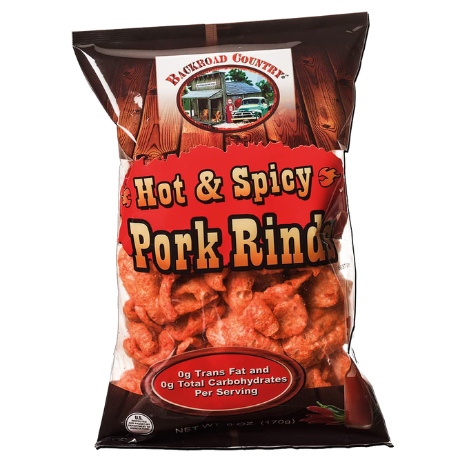 Bag of handcrafted hot and spicy pork rinds made in USA with zero trans fat and carbs, a savory snack popular in Kitchen & Food, Snacks and Sweets, USA Made, Best Sellers, and Promo Eligible collections.