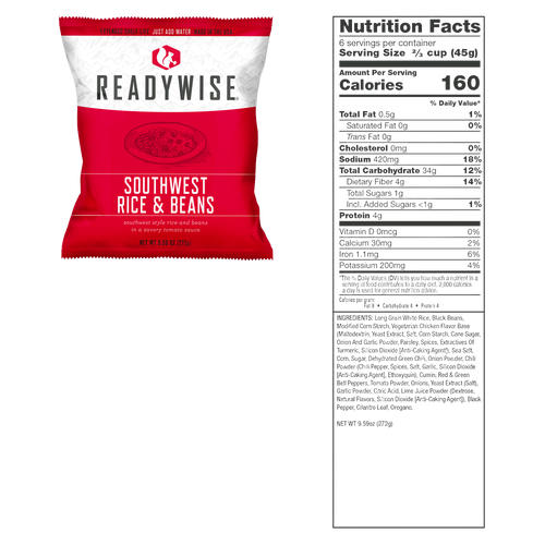 Red and white ReadyWise freeze-dried Southwest Rice & Beans pouch with a savory tomato sauce illustration, accompanied by a detailed nutrition facts label, ideal for emergency supplies and pantry collections.