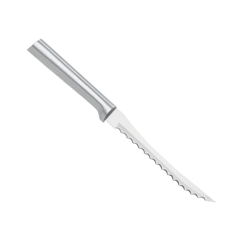 Serrated tomato slicer with hand-sharpened high carbon surgical stainless steel blade and solid aluminum handle, handcrafted in the USA for kitchen knives and food prep collections.