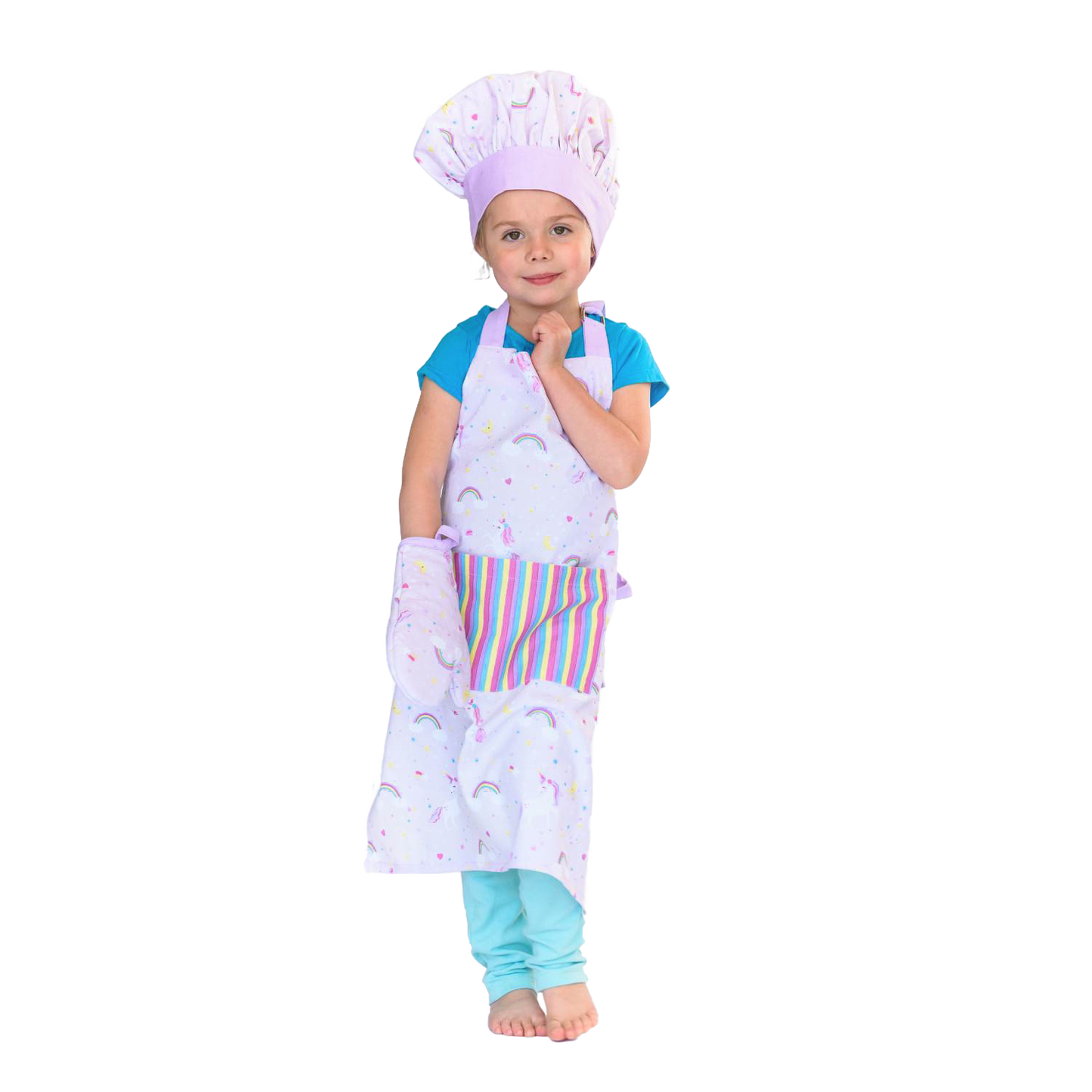 Young child wearing a pastel unicorn-patterned apron, matching chef hat, and oven mitt, standing barefoot against a white background, ideal for Kitchen & Food and Arts and Crafts collections.