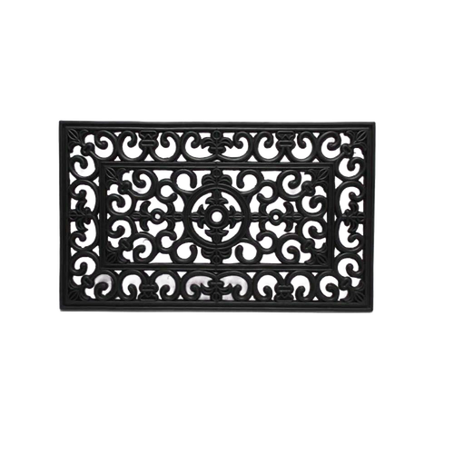 Handcrafted black rubber floor mat featuring an intricate filigree pattern designed to trap dirt and debris, perfect for Home & Decor, Home Textiles, Household Helpers, Best Sellers, and Promo Eligible collections.