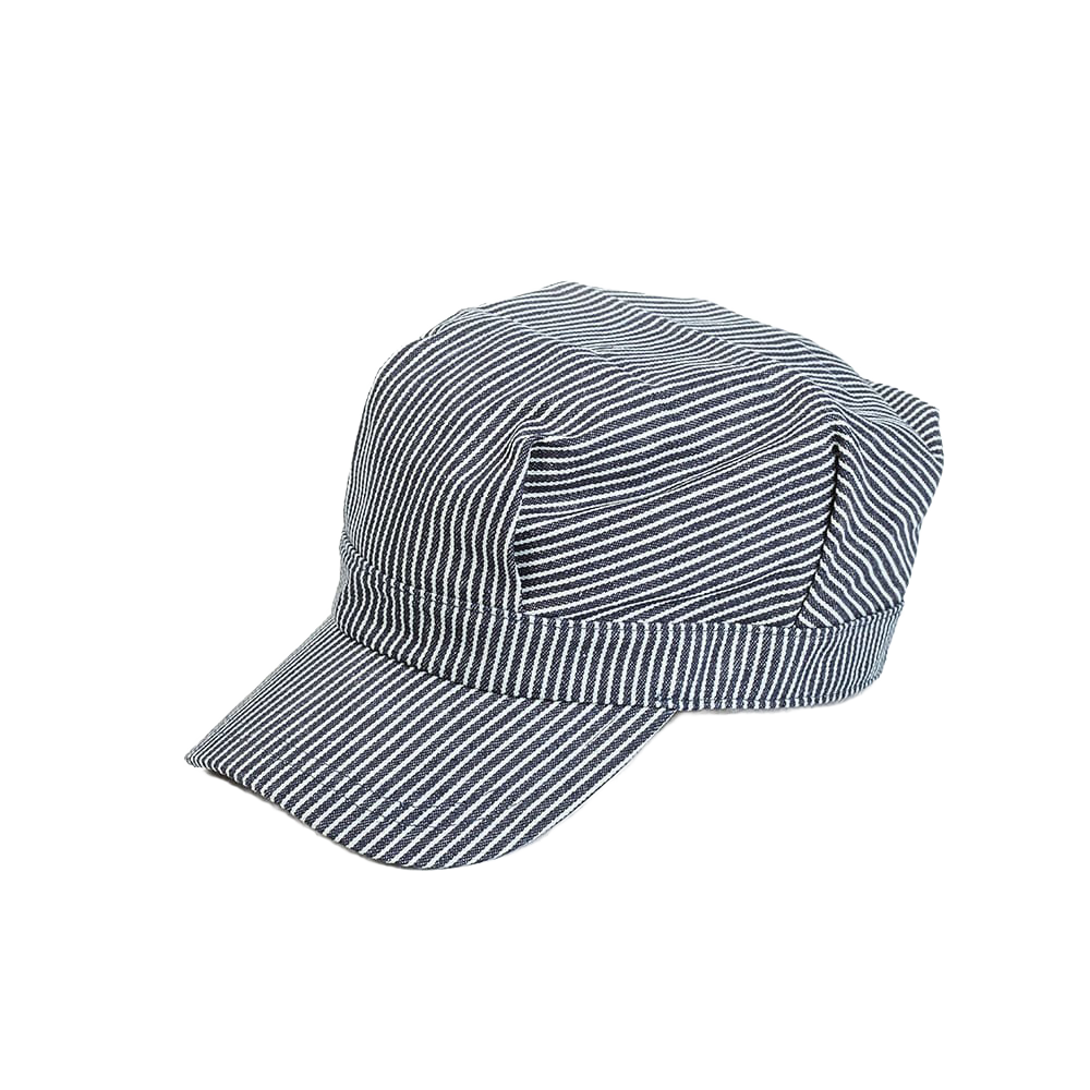 Classic handcrafted railroad-style cap in blue and white stripes made of 100% cotton, designed for outdoor sun protection, featured in Clothing and Accessories and Best Sellers collections.