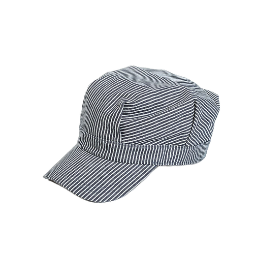Classic handcrafted railroad-style cap in blue and white stripes made of 100% cotton, designed for outdoor sun protection, featured in Clothing and Accessories and Best Sellers collections.