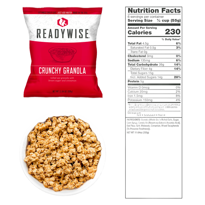 Single-serving ReadyWise crunchy granola pouch with brown sugar and cinnamon flavor, shown with a bowl of granola and clear nutrition facts panel, made in USA for pantry and emergency supplies.