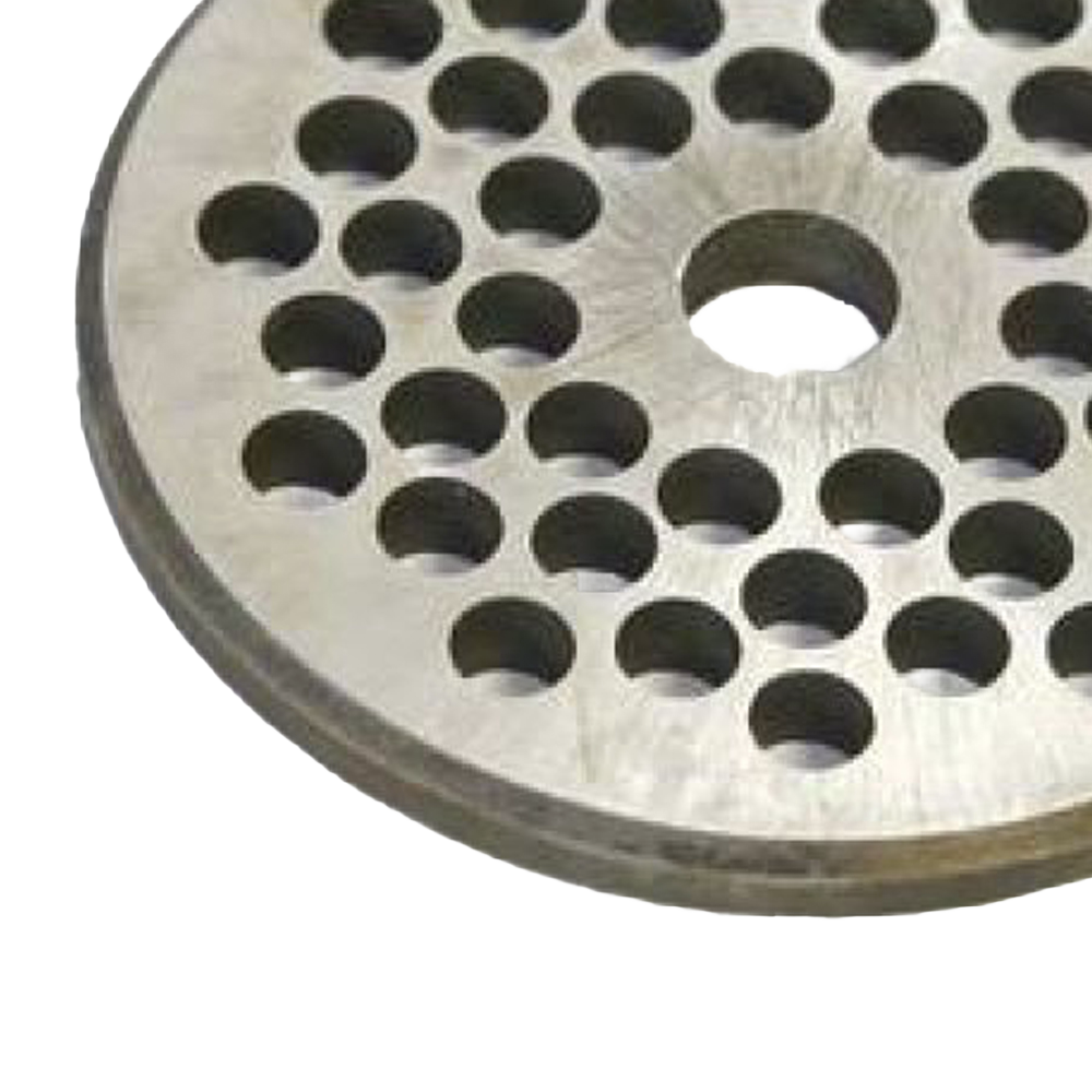Handcrafted metal chopper plate with varied circular holes, made in USA, designed for use in Kitchen & Food, Specialty Equipment, Butchering Supplies, Best Sellers, and Promo Eligible collections.