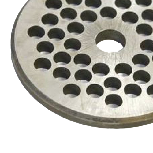 Handcrafted metal chopper plate with varied circular holes, made in USA, designed for use in Kitchen & Food, Specialty Equipment, Butchering Supplies, Best Sellers, and Promo Eligible collections.