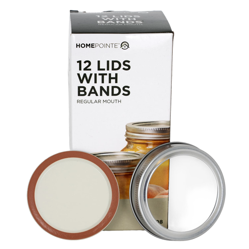 Box of 12 regular-mouth canning jar lids and bands with BPA-free sealing compound, essential for kitchen food preservation and part of popular canning accessories collections.