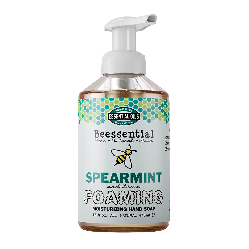 Handcrafted natural foaming hand soap in spearmint and lime scent, made in the USA, moisturizing formula in a 16 fl oz pump bottle, ideal for Health & Wellness and Soaps collections.
