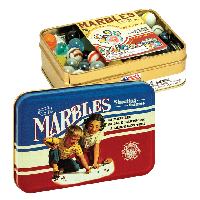 Metal tin box with colorful glass marbles and two large shooters inside, accompanied by a detailed handbook, handcrafted in USA and featured in Toys, Books & Games, USA Made, and Children's Toys collections.