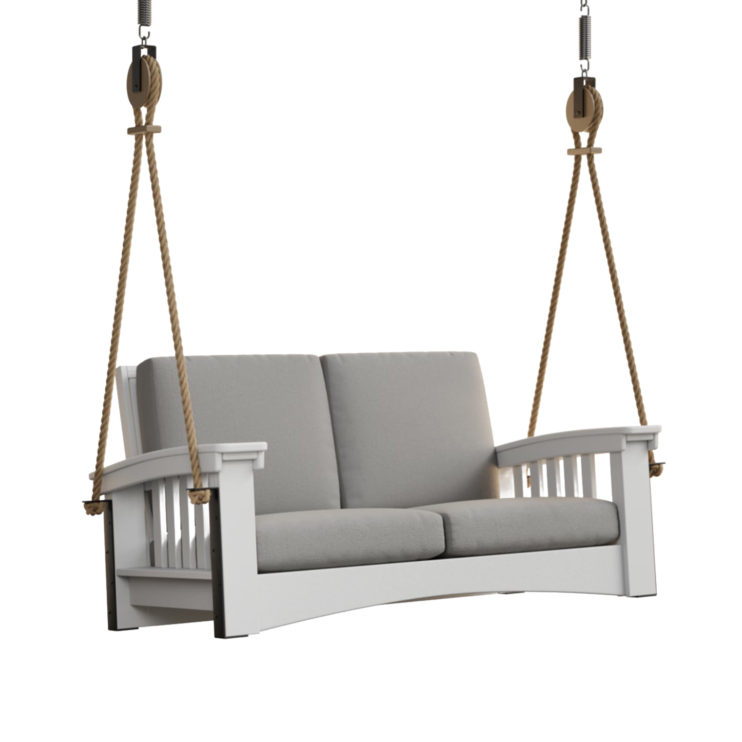 Handcrafted Mission Lounge 6 ft porch swing with soft gray cushions, durable painted cypress frame, suspended by sturdy rope, made in USA, Amish made, part of Home & Decor, Outdoor Furniture, Best Sellers collections.
