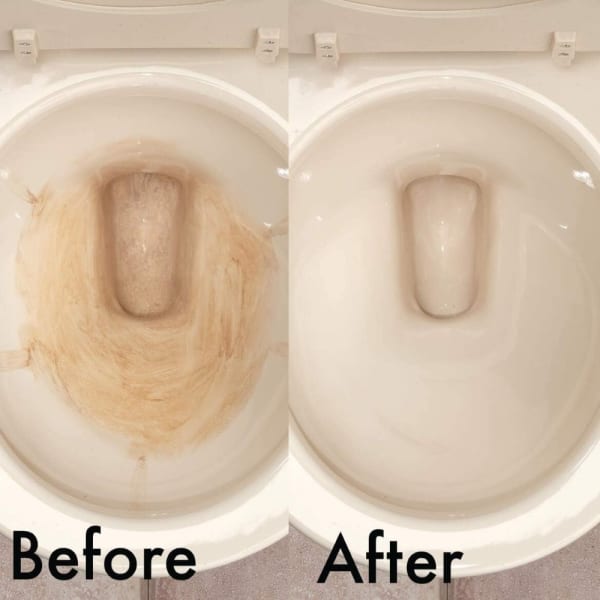 Side-by-side comparison of a toilet bowl before and after using long-lasting chemical-free magnets that prevent mineral stains, featured in Home & Decor and Household Cleaning collections.