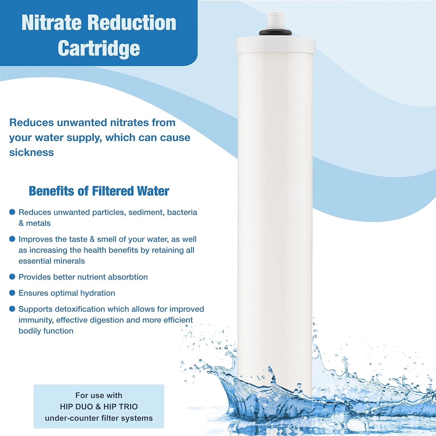 White nitrate reduction cartridge designed to fit DUO and TRIO under-counter filter systems, featured in Appliances, Water Heating and Treatment, Best Sellers, and Promo Eligible collections.