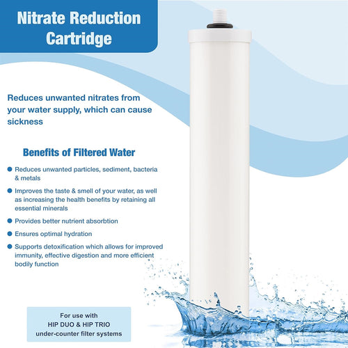 White nitrate reduction cartridge designed to fit DUO and TRIO under-counter filter systems, featured in Appliances, Water Heating and Treatment, Best Sellers, and Promo Eligible collections.