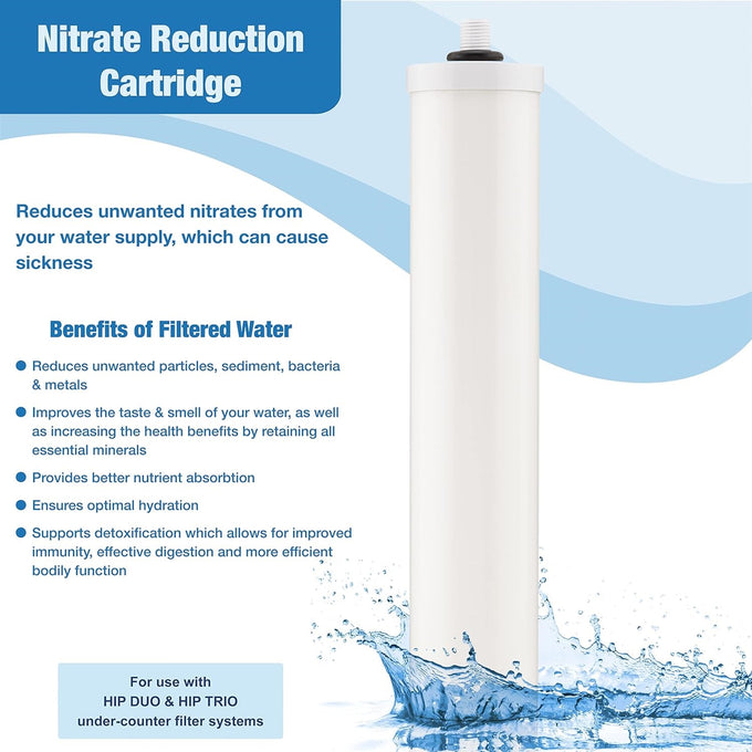 White nitrate reduction cartridge designed to fit DUO and TRIO under-counter filter systems, featured in Appliances, Water Heating and Treatment, Best Sellers, and Promo Eligible collections.