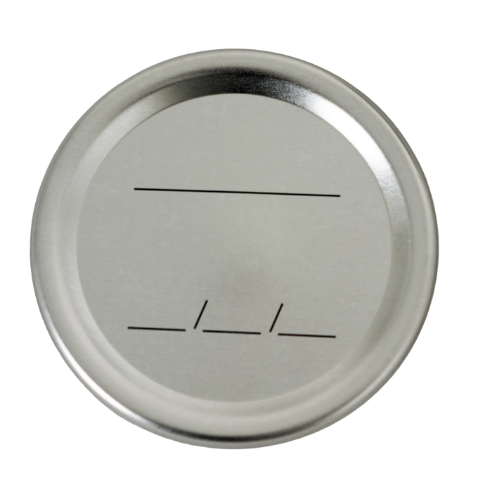 Silver-toned metal canning lid for regular-mouth jars featuring simple black lines for labeling and BPA-free sealing compound, ideal for Kitchen & Food, Food Preservation, and Canning collections.