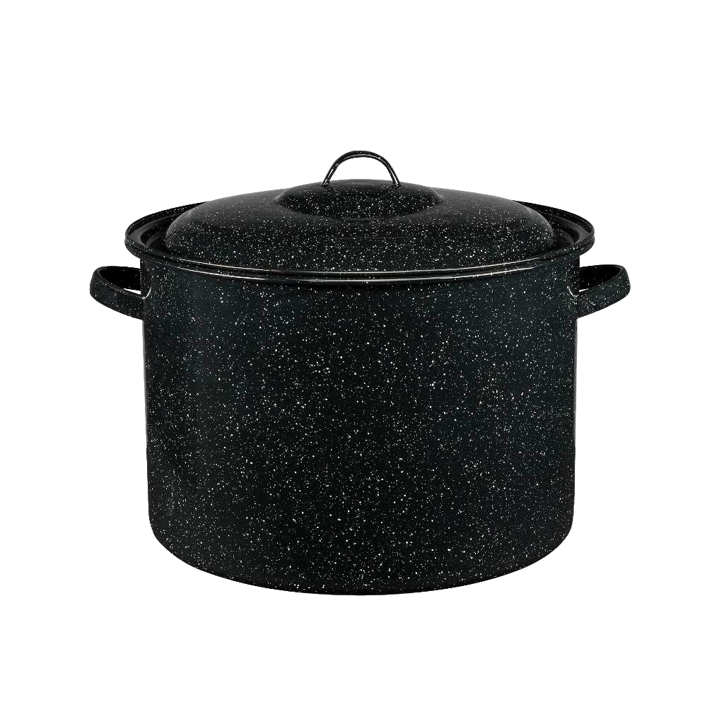 Large black speckled enamelware stockpot with lid and side handles, durable and ideal for cooking soups and stews, featured in Kitchen & Food, Cookware, and Best Sellers collections.