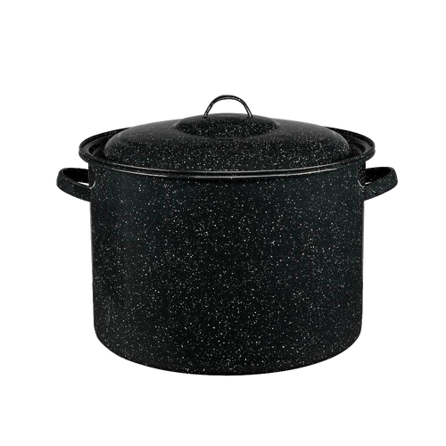 Large black speckled enamelware stockpot with lid and side handles, durable and ideal for cooking soups and stews, featured in Kitchen & Food, Cookware, and Best Sellers collections.