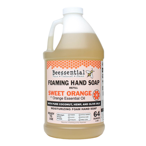Large 64-ounce container of handcrafted foaming hand soap refill scented with sweet orange essential oil, made with pure coconut, hemp, and olive oils, featured in Health & Wellness, Grooming and Personal Hygiene, Soaps and Soapmaking, Soaps, USA Made, Best Sellers, and Promo Eligible collections.