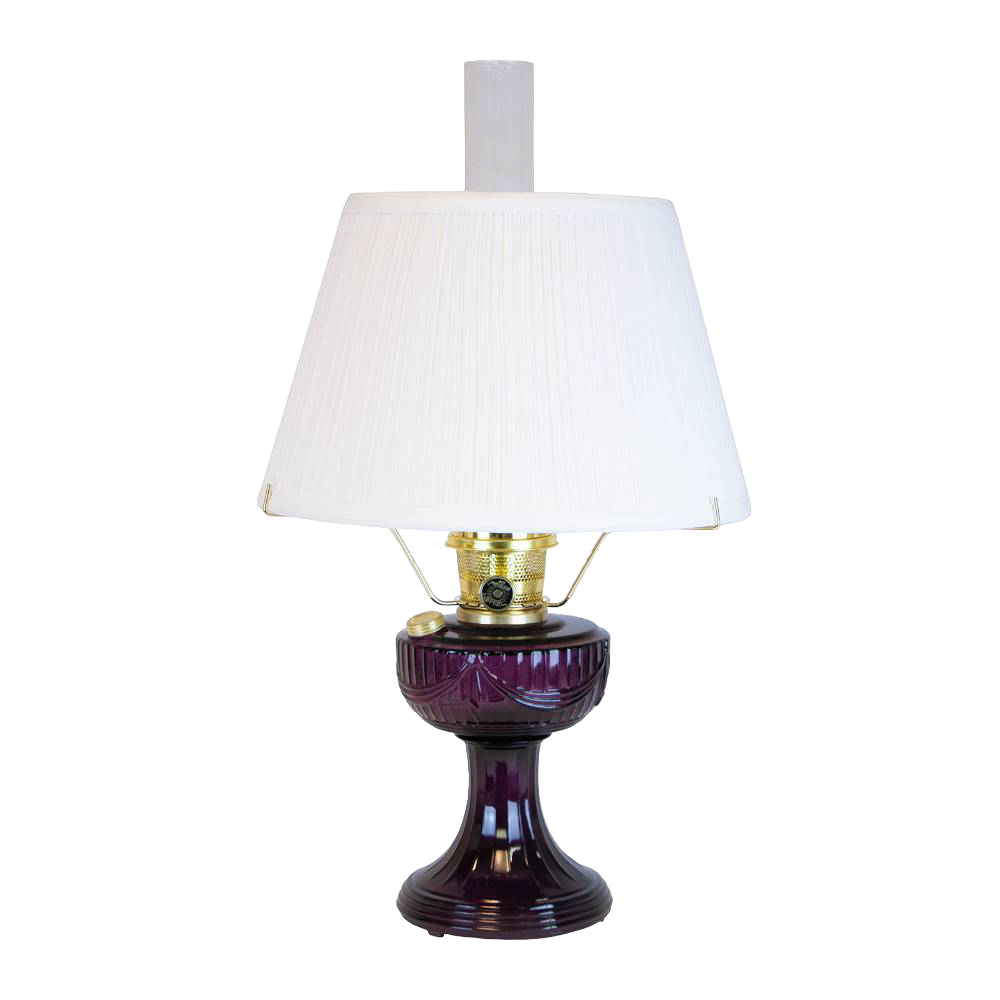 Handcrafted amethyst oil lamp with classic Lincoln drape design, brass fittings, and a 14-inch white pleated cloth shade, featured in Lamps & Lighting and Best Sellers collections.