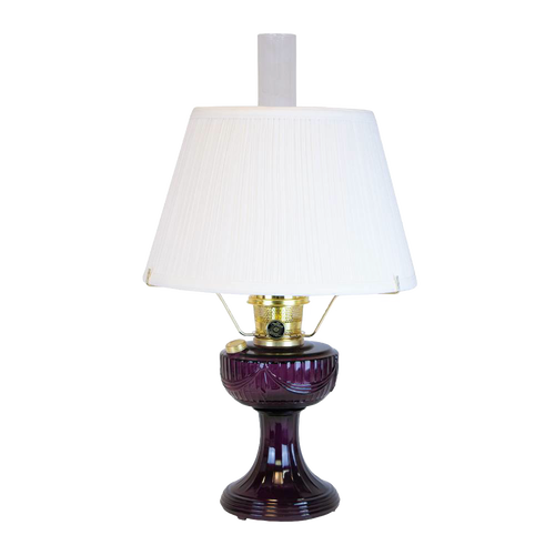 Handcrafted amethyst oil lamp with classic Lincoln drape design, brass fittings, and a 14-inch white pleated cloth shade, featured in Lamps & Lighting and Best Sellers collections.