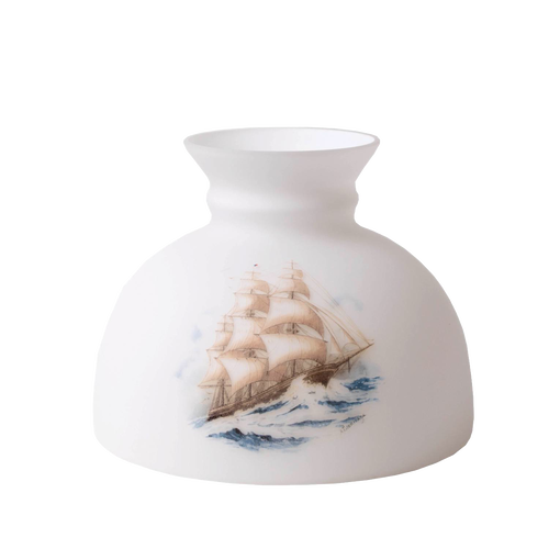 Handcrafted glass lamp shade featuring a detailed sailing ship design on frosted white glass, perfect for Lamps & Lighting, Parts and Accessories, and Lamp Shades collections.
