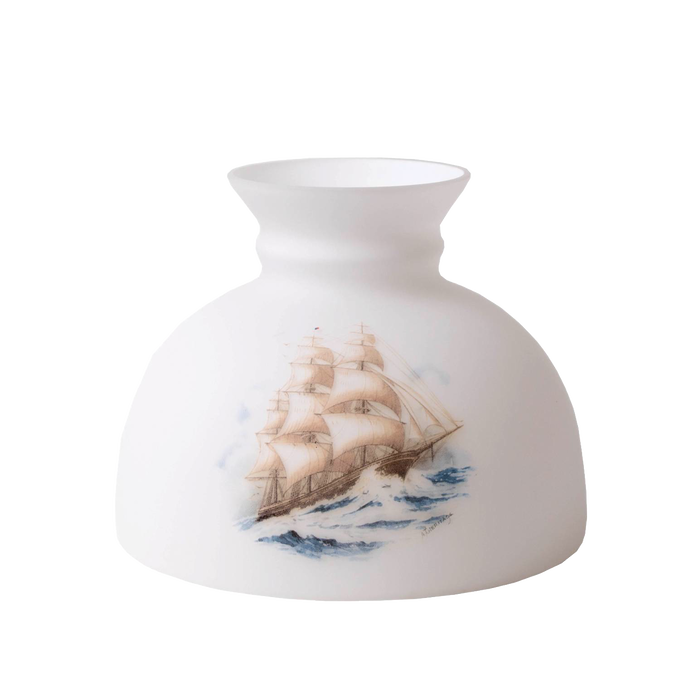 Handcrafted glass lamp shade featuring a detailed sailing ship design on frosted white glass, perfect for Lamps & Lighting, Parts and Accessories, and Lamp Shades collections.