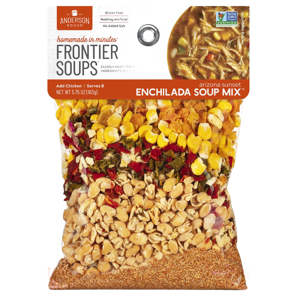 Clear bag of handcrafted gluten-free enchilada soup mix showing natural dried ingredients like corn, beans, and spices, part of Kitchen & Food, Pantry, Soups, and Best Sellers collections.