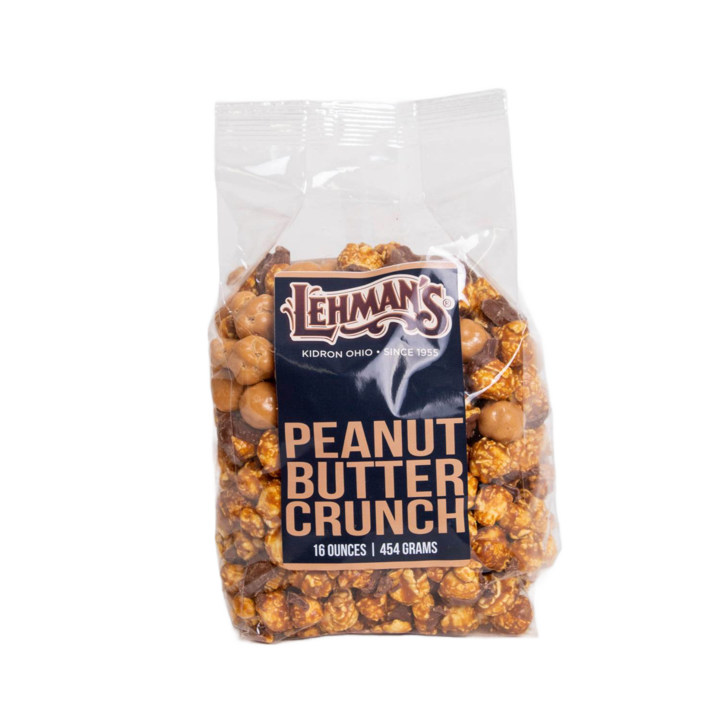 Clear bag of handcrafted peanut butter crunch popcorn by Lehman's, a unique sweet and crunchy snack made in USA, perfect for Kitchen & Food, Snacks and Sweets, Popcorn, USA Made, and Best Sellers collections.