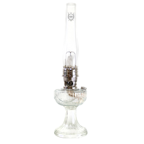 Handcrafted clear ribbed glass oil lamp with tall chimney and polished metal burner, designed for Farm, Garden & Tool, Lamps & Lighting, Emergency Supplies, Oil Lamps, Table Lamps, Best Sellers, and Promo Eligible collections. Bright enough for reading and Amish made.