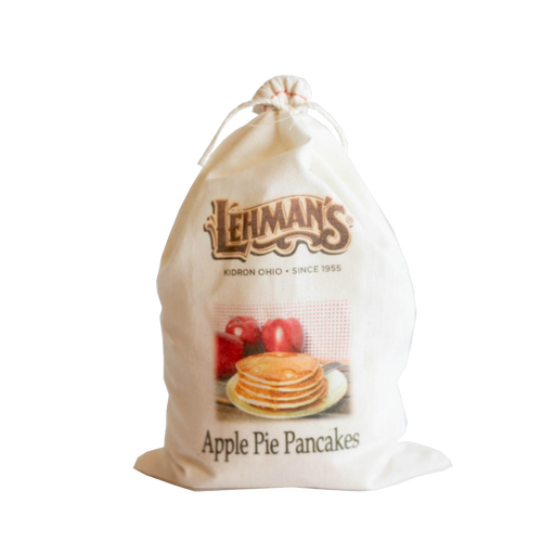 Natural fabric drawstring bag of handcrafted Lehman’s apple pie flavored pancake mix, featuring an illustration of apple pie pancakes, ideal for Kitchen & Food, Pantry, Dry Goods and Mixes, Best Sellers, and Promo Eligible collections.