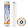 White cylindrical water filter cartridge designed to reduce fluoride, displayed with packaging featuring water splash graphics and Made in Britain label, for use in water treatment collections.