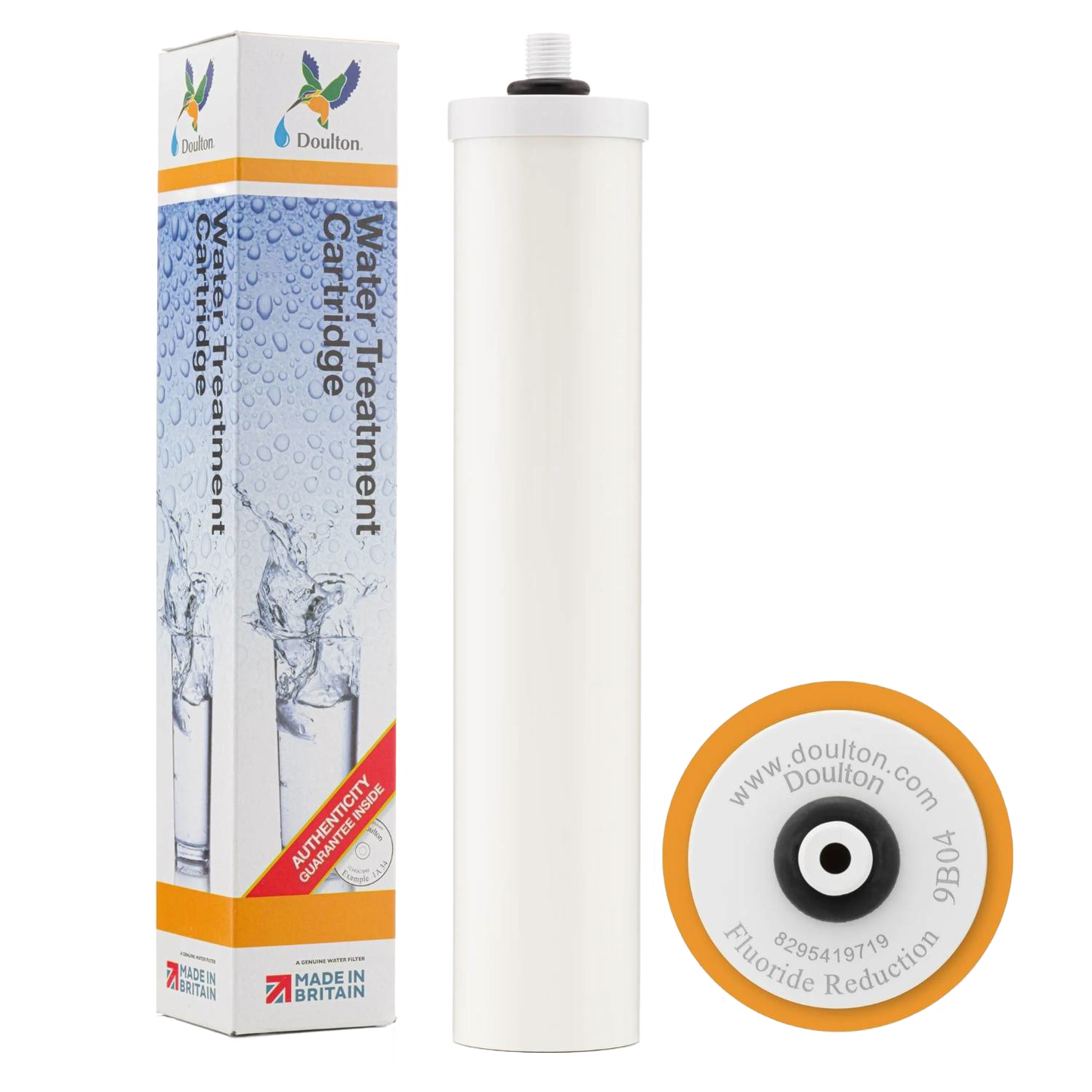 White cylindrical water filter cartridge designed to reduce fluoride, displayed with packaging featuring water splash graphics and Made in Britain label, for use in water treatment collections.