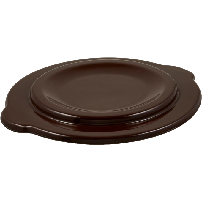 Dark brown stoneware crock cover with a smooth glazed finish, designed to fit numbered and utility crocks for food preservation and fermenting, made in USA.