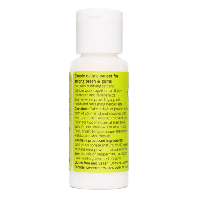 Small white plastic bottle of natural tooth powder featuring bright green label with instructions and ingredients highlighting gentle polishing and mouth alkalizing benefits, handcrafted and made in USA, suitable for Health & Wellness, Health Remedies, Grooming and Personal Hygiene, USA Made, Best Sellers, and Promo Eligible collections.