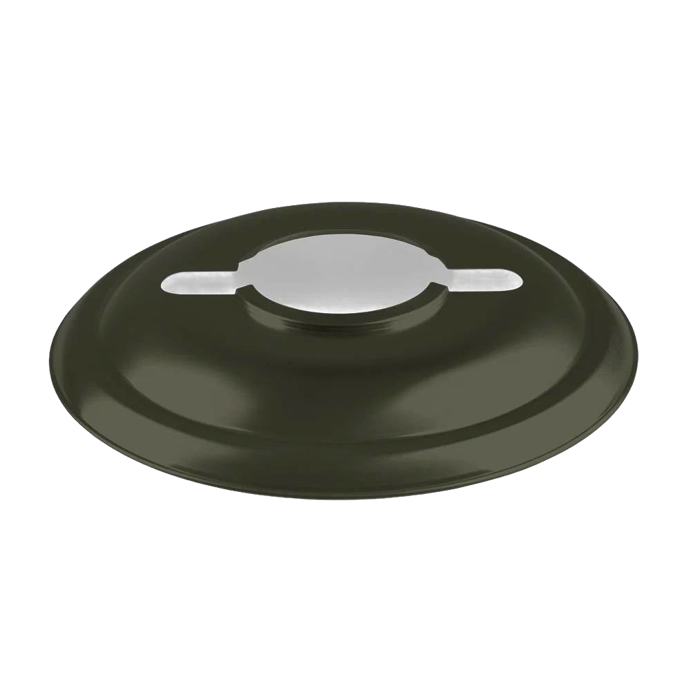 Unique handcrafted steel reflector shade in dark olive, designed to direct lantern light downward while reducing glare and protecting glass, ideal for Lamps & Lighting and Emergency Supplies collections.