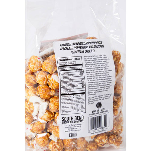 Clear bag of handcrafted caramel popcorn drizzled with white chocolate, mixed with peppermint pieces and crushed Christmas cookies, featured in Kitchen & Food, Food, Snacks and Sweets, Popcorn, Best Sellers, and Promo Eligible collections.