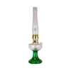 Clear glass oil lamp with tall chimney and emerald green glass base featuring a handcrafted sweeping font design, ideal for Lamps & Lighting, Oil Lamps, and Table Lamps collections.