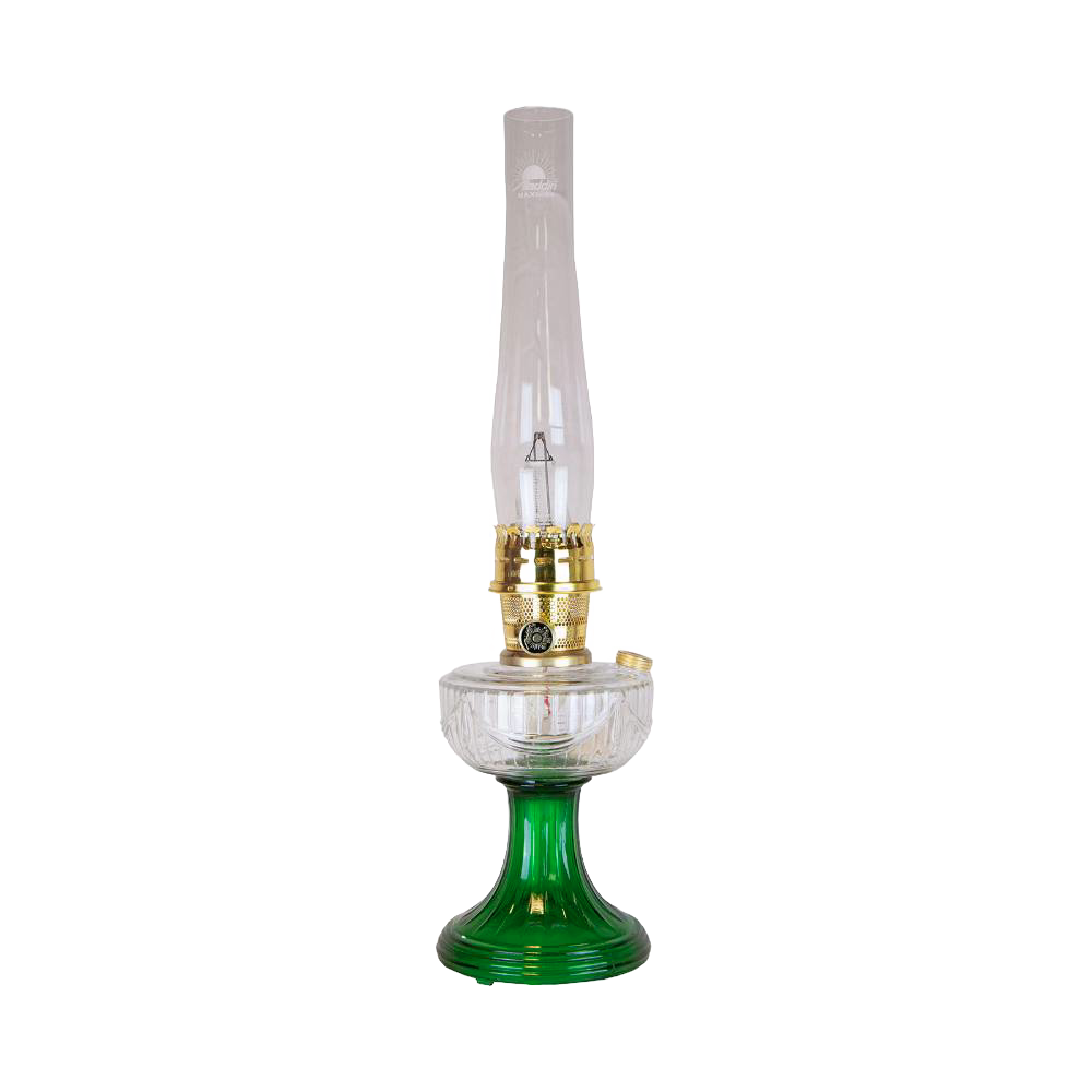 Clear glass oil lamp with tall chimney and emerald green glass base featuring a handcrafted sweeping font design, ideal for Lamps & Lighting, Oil Lamps, and Table Lamps collections.