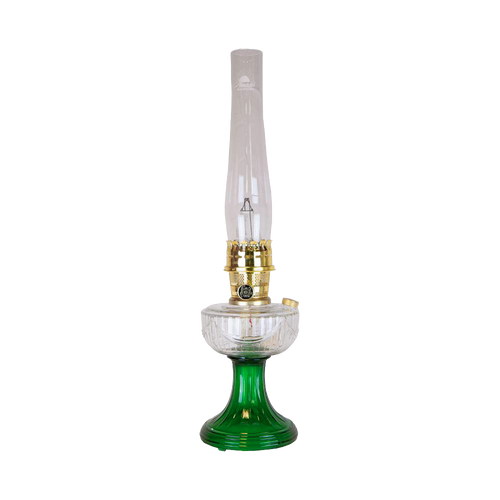 Clear glass oil lamp with tall chimney and emerald green glass base featuring a handcrafted sweeping font design, ideal for Lamps & Lighting, Oil Lamps, and Table Lamps collections.