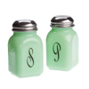 Set of two vintage-style pale green glass salt and pepper shakers with black monograms and metal tops, handcrafted in the USA, ideal for Kitchen & Food, Dinnerware, and Storage collections.