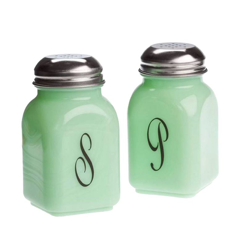 Set of two vintage-style pale green glass salt and pepper shakers with black monograms and metal tops, handcrafted in the USA, ideal for Kitchen & Food, Dinnerware, and Storage collections.