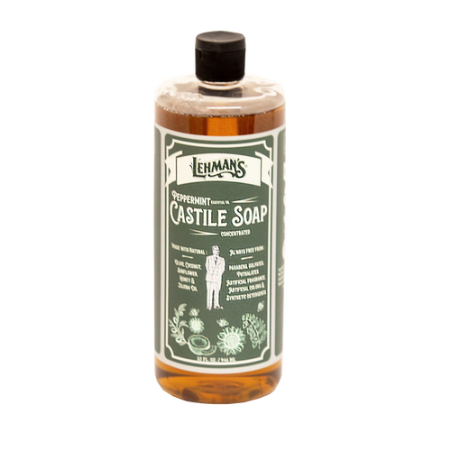 Clear amber bottle of handcrafted concentrated castile soap with peppermint scent, made in USA, ideal for Health & Wellness, Soaps and Grooming collections, Lehman's brand.