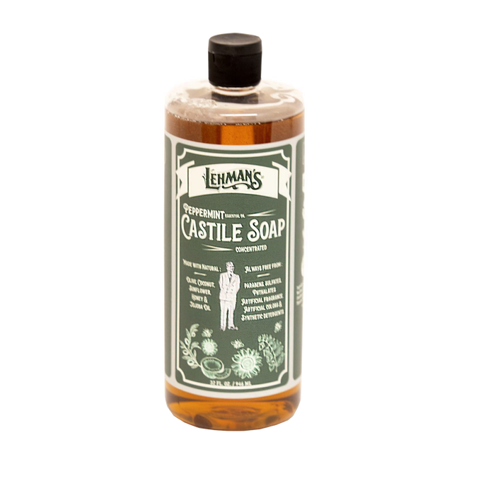 Clear amber bottle of handcrafted concentrated castile soap with peppermint scent, made in USA, ideal for Health & Wellness, Soaps and Grooming collections, Lehman's brand.