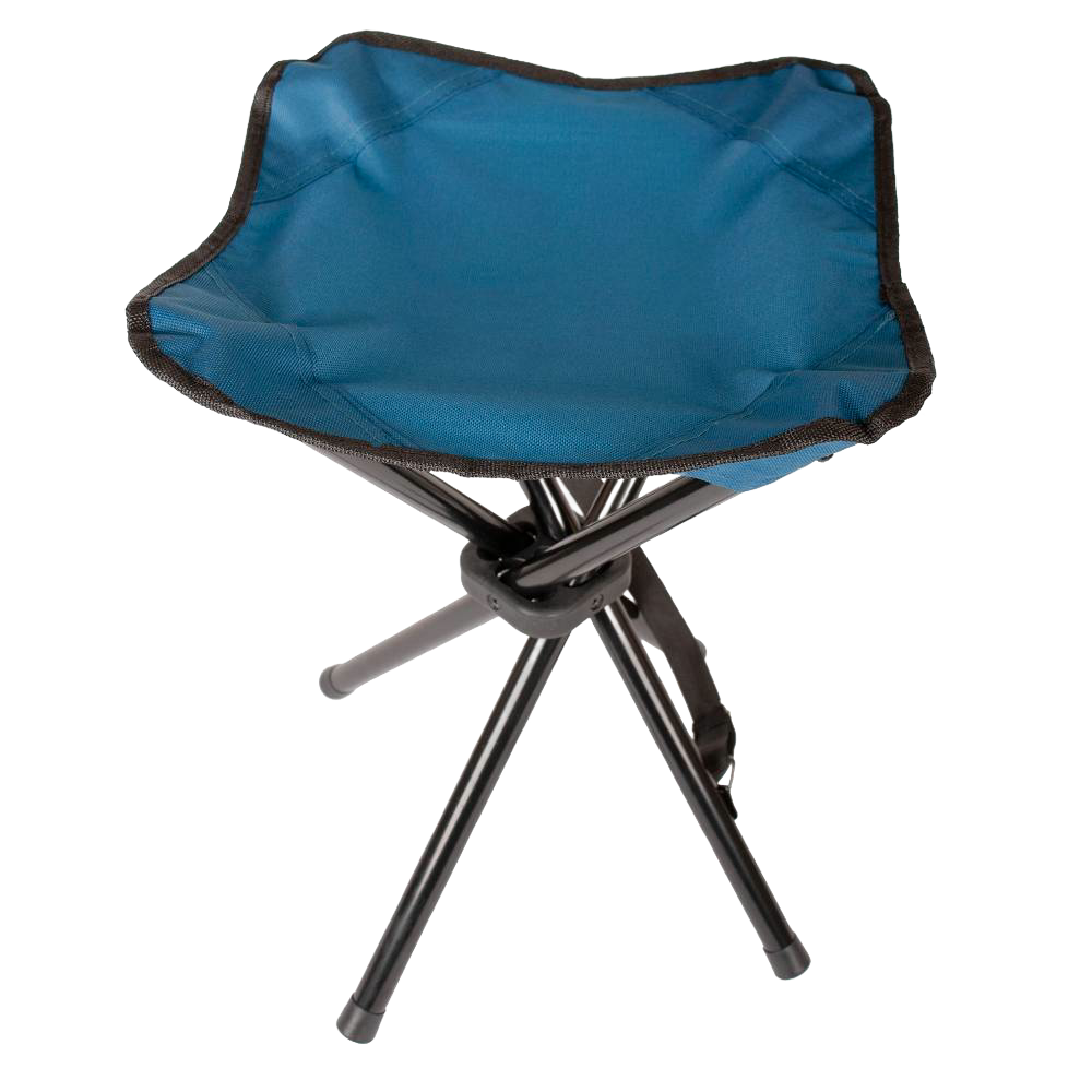 Lightweight three-legged folding stool with durable blue fabric seat and black metal legs, designed for easy transport and outdoor use in Farm, Garden & Tool, Camping, Best Sellers, Promo Eligible, and Sale collections.