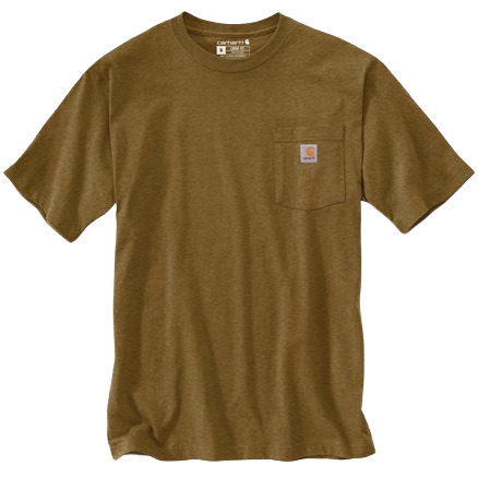 Durable heavyweight cotton short-sleeve pocket t-shirt in brown with rib-knit crewneck and stitched pocket featuring a signature logo patch, handcrafted for Health & Wellness, Clothing and Accessories, Best Sellers, and Promo Eligible collections.