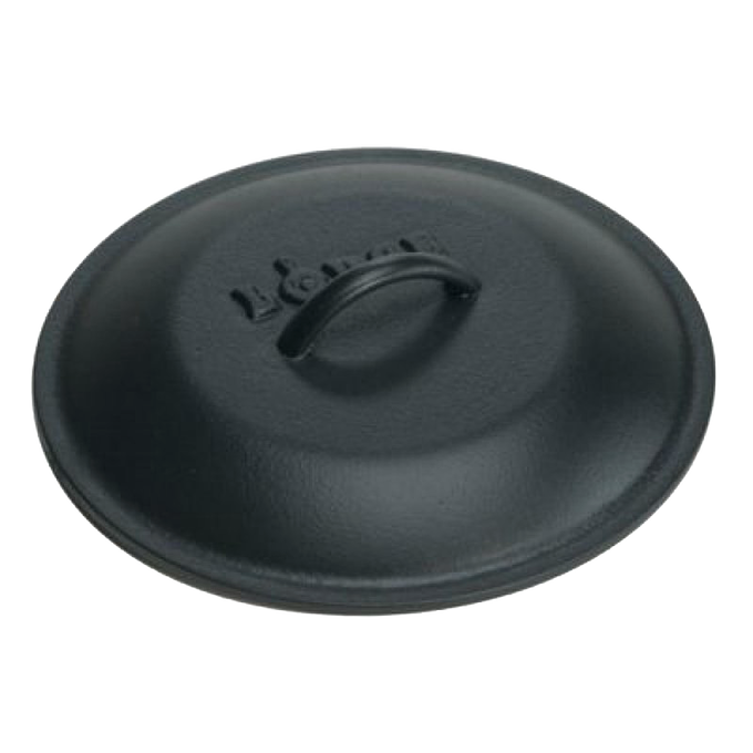 Pre-seasoned cast iron lid with sturdy handle and embossed branding, crafted in USA, suitable for Kitchen & Food, Cookware, Cast Iron, USA Made, Best Sellers, and Promo Eligible collections.