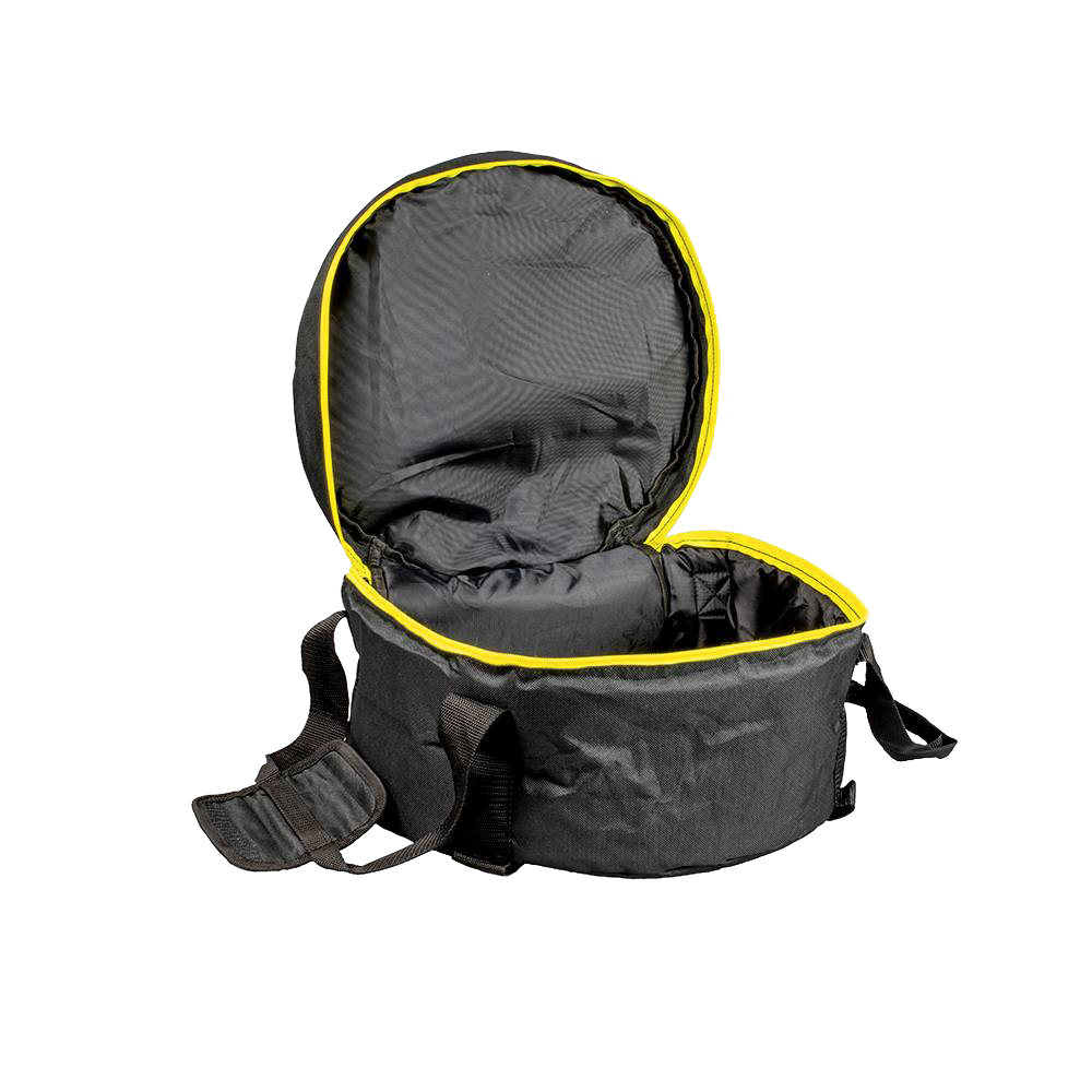 Durable black polyester tote bag with thick padding, bright yellow zipper, and strong straps, designed for transporting and storing cast iron cookware in camping and kitchen settings.