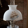 Handcrafted glass oil lamp shade with detailed sailing ship design on frosted white glass, ideal for Lamps & Lighting, Parts and Accessories, Lamp Shades, Best Sellers, and Promo Eligible collections.