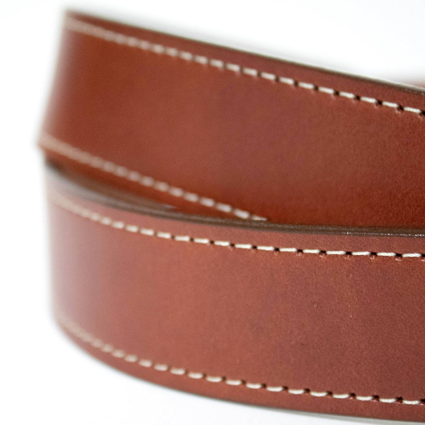 Close-up of a handcrafted Amish-made brown genuine English bridle leather belt featuring precise stitching, part of Clothing and Accessories, USA Made, Amish Made, Best Sellers collections.
