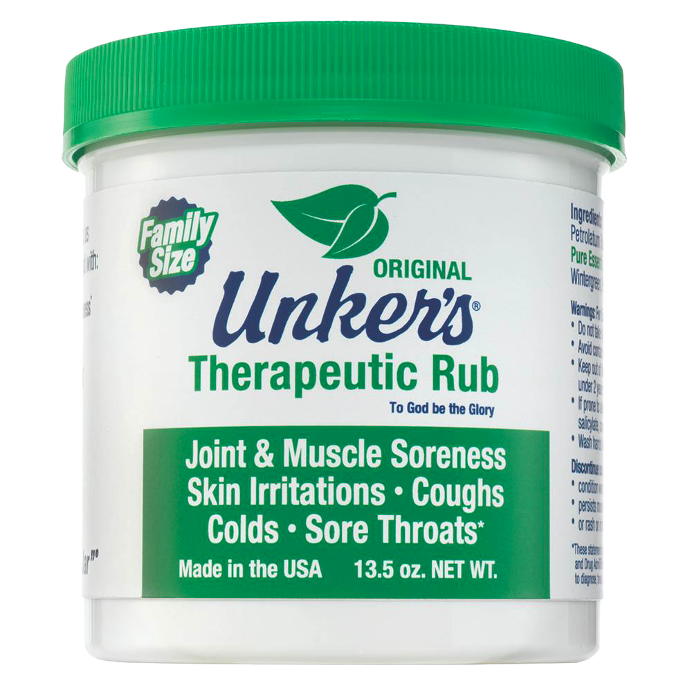 White jar with green lid of handcrafted therapeutic rub for joint and muscle relief, soothing skin irritations, coughs, colds, and sore throats, made in USA, featured in Health & Wellness and Best Sellers collections.